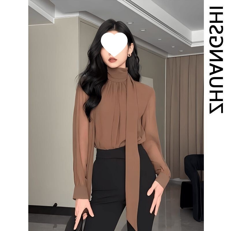 French Design Style Top for Women, Early Autumn New Style Ribbon Half Turtleneck Long-Sleeved Shirt