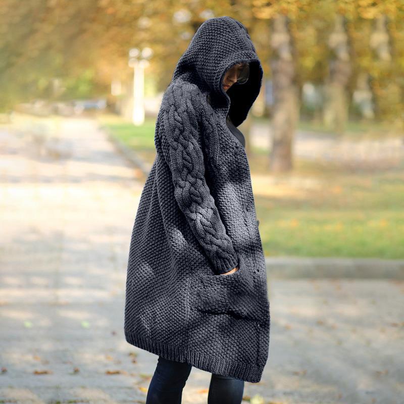 Women's Clothing autumn and winter thickened sweater cardigan hooded long knitted sweater large size women's coat thick _voghion.com