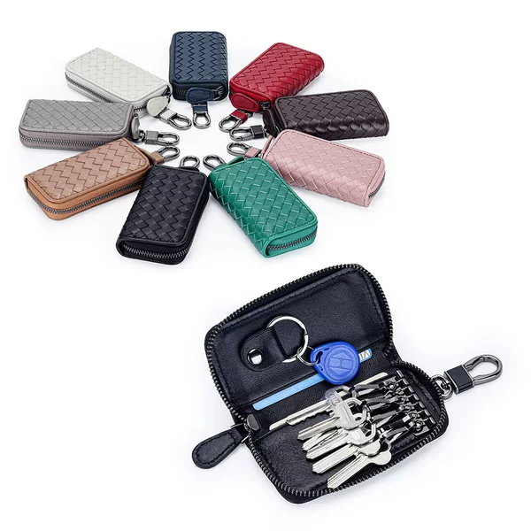 Woven Goatskin Key Bag for Men and Women, Genuine Leather Car Key Bag, Stylish Zipper Waist Hanging Key Cover, Card Storage