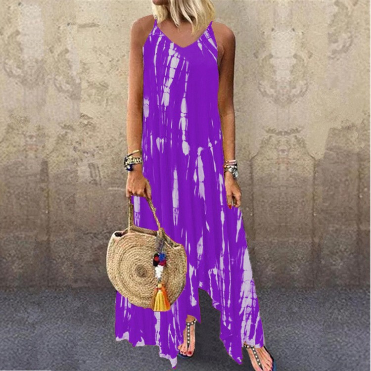 European and American Cross-Border Women's Clothing Amazon New Suspender Long Skirt Irregular Tie-Dye Printed Loose Large Size Dress for Women