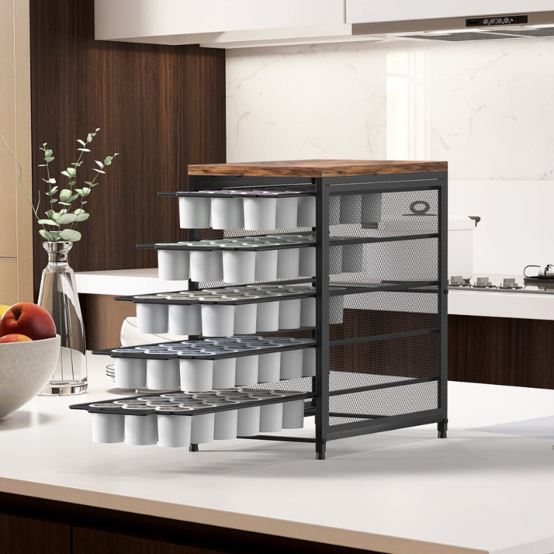 Estación de cápsulas de café de madera almacenamiento de cápsulas K taza estante de almacenamiento con cesta deslizante almacenamiento de oficina
