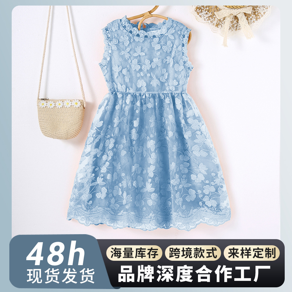 Girl's Floral Skirt Cross-border New Arrival Sleeveless Blue Tight Waist Skirt Summer Thin Lace Bag Princess Skirt