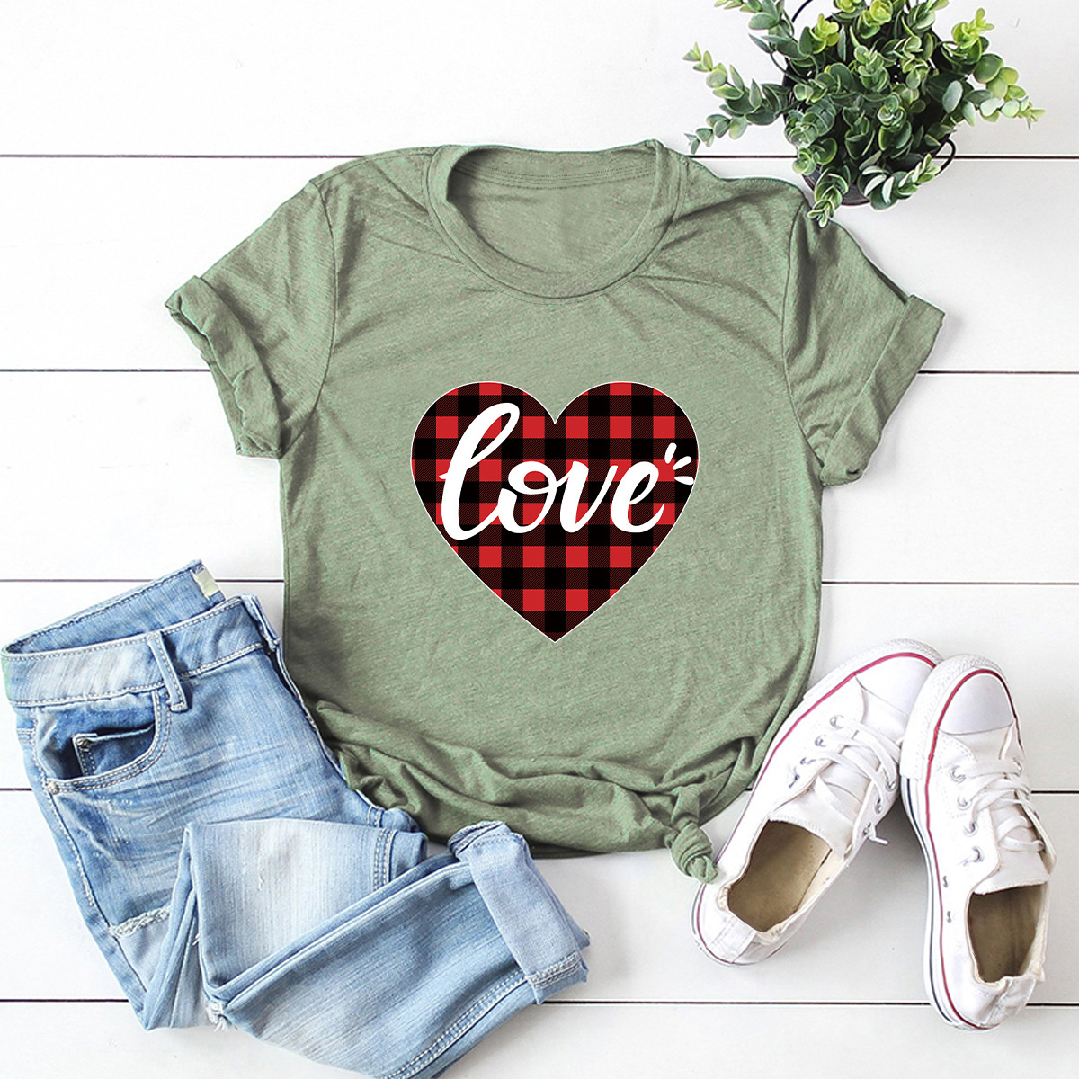 Auf Lager! Grenz Überschreitende  Heiße Europäische Und Amerikanische Damen Oberteile Valentinstag Liebes-kurzarm-t-shirt Frauen display picture 1