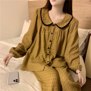 韩版甜美娃娃领宽松纯棉双纱亲肤撞色波点蕾丝秋季外穿家居服