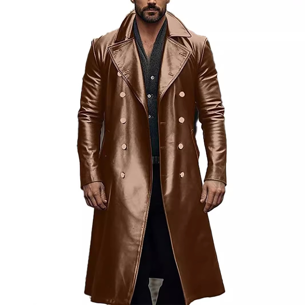 Autumn and winter new plus size long windbreaker double breasted jacket British style men's leather coat_voghion.com