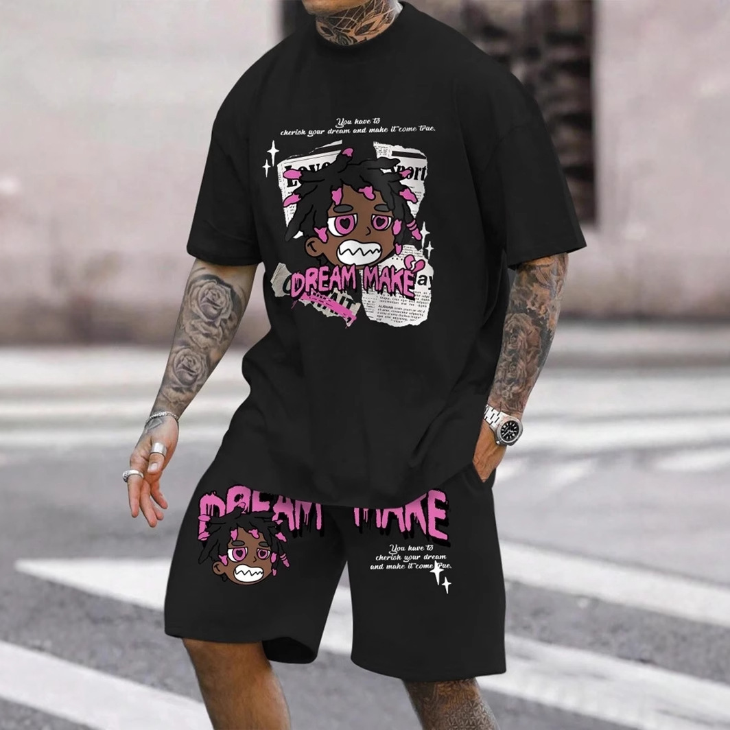 Divertido hip-hop chico estampado 3D venta caliente traje de hombre camiseta traje de hombre cuello redondo pantalones cortos con cordón de manga corta