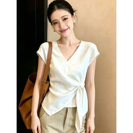 大码女装系带短袖T恤2026年夏季韩系高级感甜美风上衣跨境 亚马逊