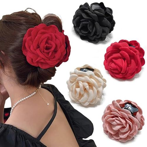 High-end princess-style rose hair clip in multiple colors, elegant and sophisticated fabric shark clip with floral design—hair accessory.
