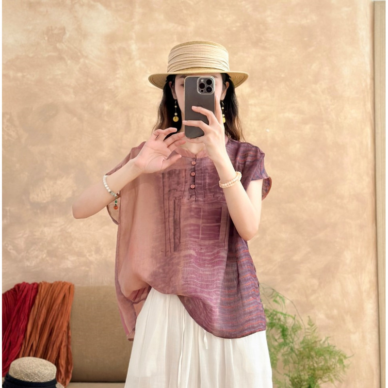 Summer New High-Quality Pure Ramie Digital Print Drop-Shoulder Flutter Sleeve Round Neck Ramie Blouse for a Slim and Elegant Look for Women