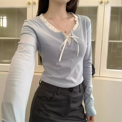チベットの青い三粒のボタンの上着の女性のアメリカの復古bmは短いモデルのリブの長袖の底のシャツのtシャツの女性の秋冬を修理します。