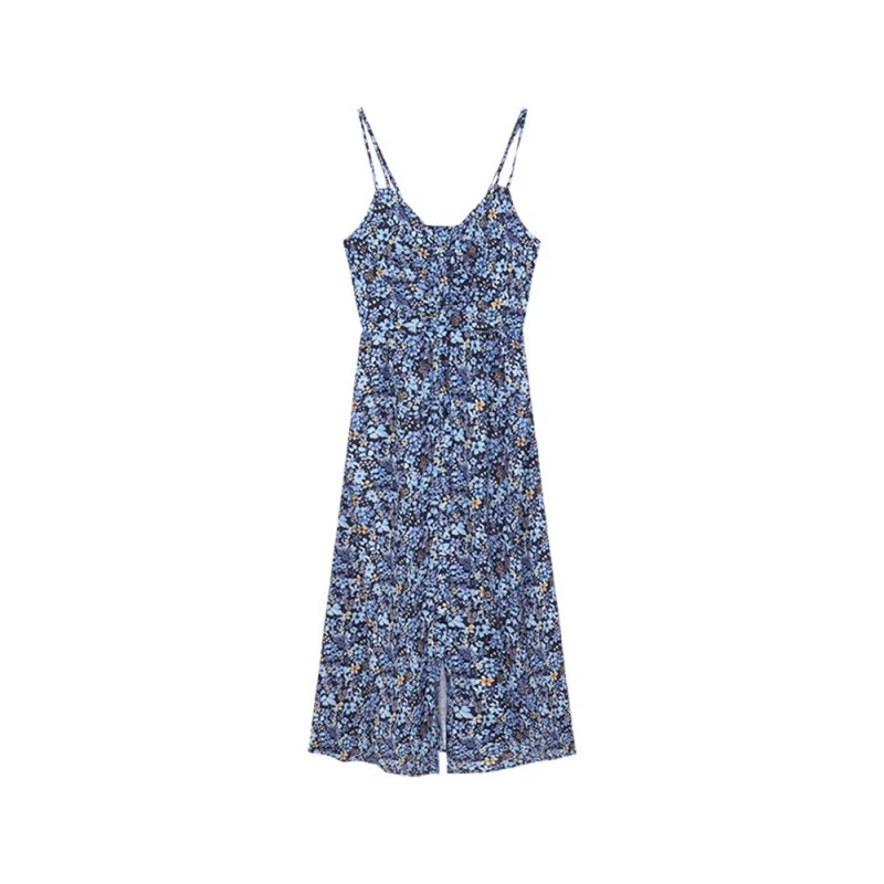 French Style Floral V-neck Sling dress Women's Summer Sweet Spice Dress Blue Retro Elegant Split Long Dress