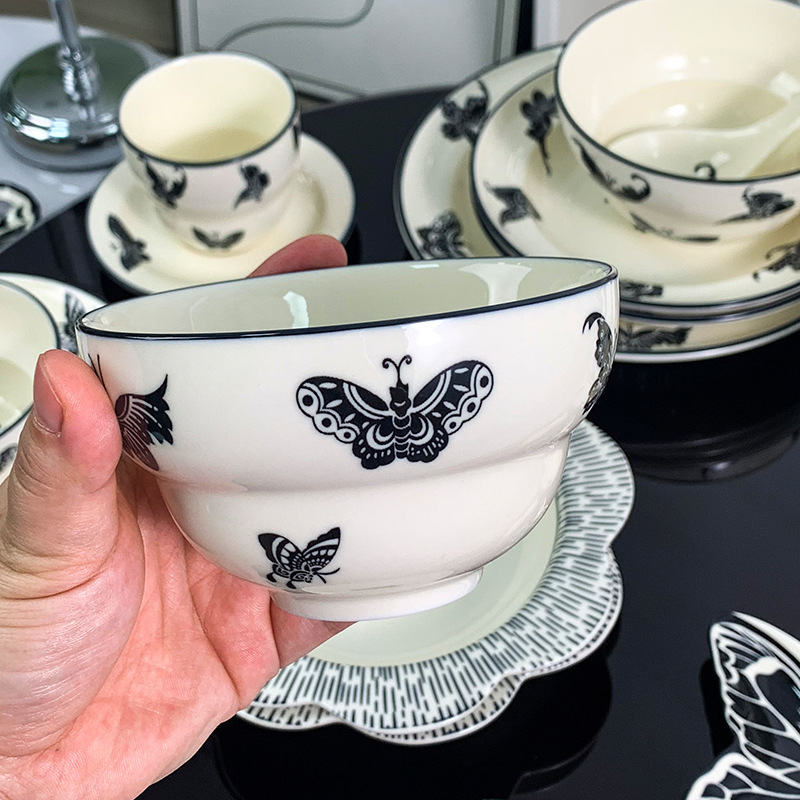 Household Ceramic Rice Bowl, Special Rice Bowl with a High-End Feel, Small Bowl, Butterfly Plate Set, High-Value Tableware