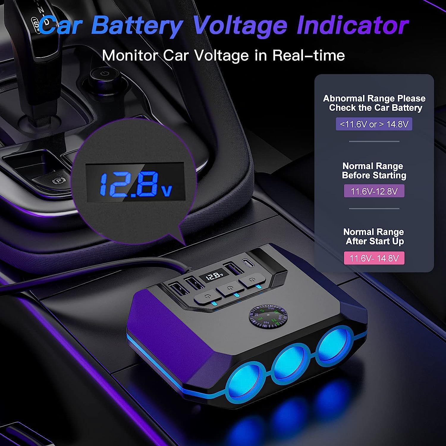 Car Cigarette Lighter Adapter with Switch, Voltage Display, 4 USB Ports, 120W Custom Car Charger for Mobile Phones