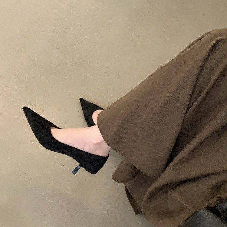 New French-Style Pointed-Toe Stiletto Women's Shoes for Spring and Autumn, Suede Shallow Mouth, Versatile and Elegant High Heels, Mid-Heel