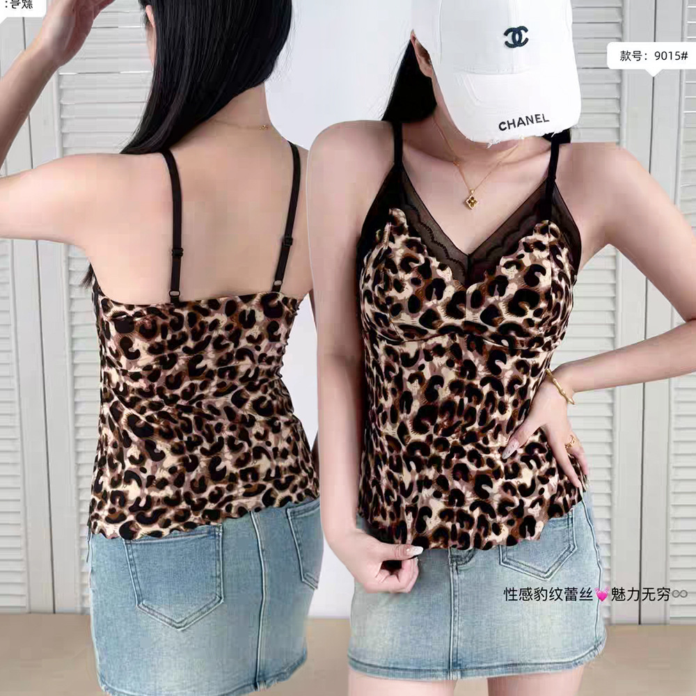 American-style sexy leopard print lace camisole tank top, brushed fleece, suitable as outerwear or innerwear, plus size with bra padding.