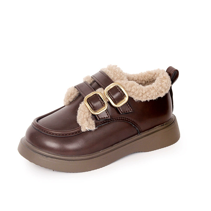 Fleece-Lined Demi-Season Kids Shoes, English/British Style for Princess, Soft Plush Cozy Sole