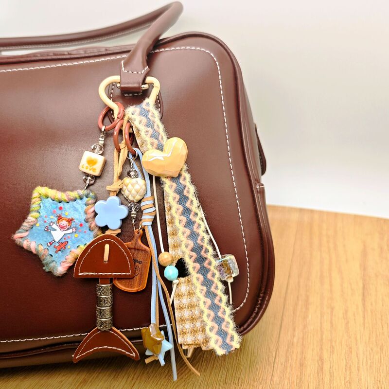 New Miu Series Bag Charm Retro Leather Fishbone Pendant Wooden Tag Star Braided Rope Heart Bag Accessory