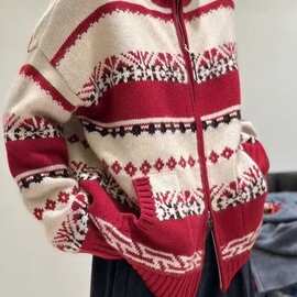 费尔岛风红色提花毛衣外套秋冬设计感欧货时髦拉链羊毛针织开衫