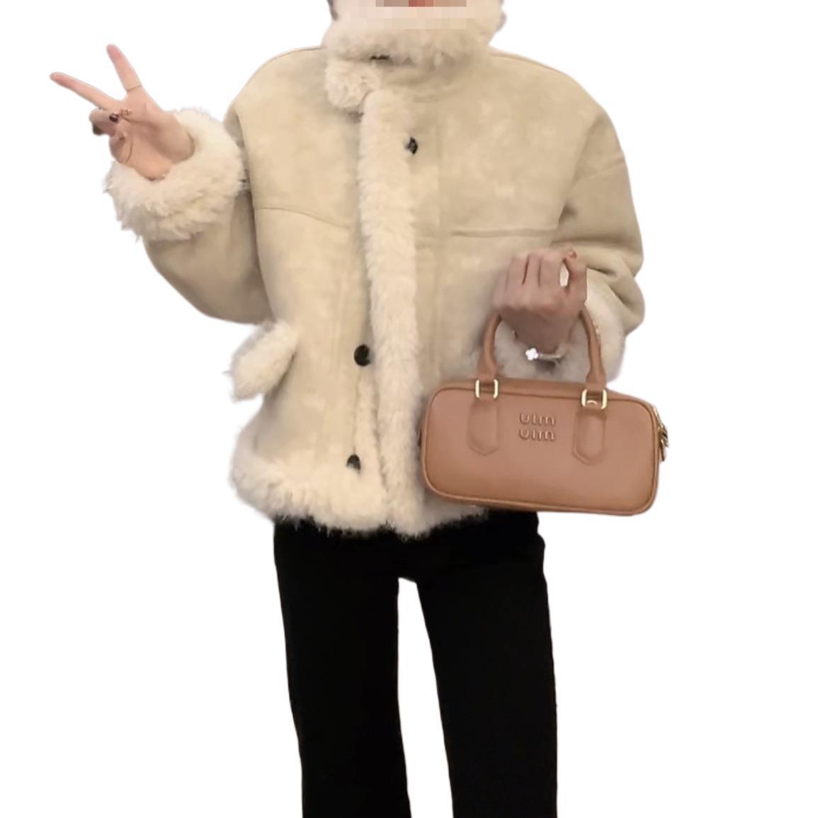 수직 칼라 단일 브레스트 단색 모피 원피스 두껍게 긴 소매 코트 탑 쌀 화이트 다크 브라운 다른 하이 퀄리티