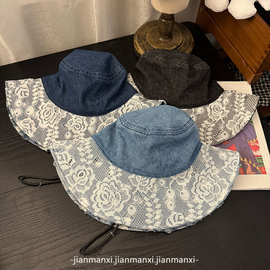 日系蕾丝牛仔渔夫帽女拼接春夏季新款大檐遮阳系带太阳帽文艺帽子