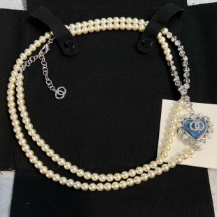 Xiangjia Pearl Blue Heart-Shaped Love Small Fragrance Style New Fashion Easiest for Match Necklace Fragrance Grandma Sweater Chain High Version