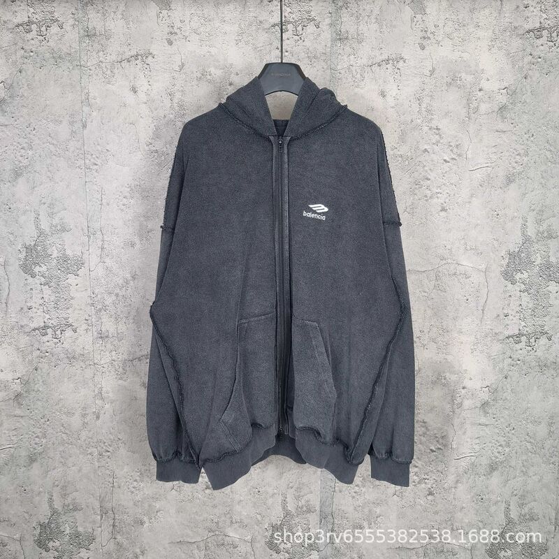 High Version B Family 25Fw New Classic 3B Letter Embroider Reverse Wear Design Washed Hooded Zipper Sweatshirt Jacket