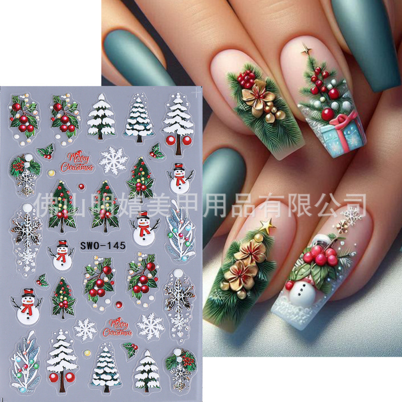 跨境新款圣诞系列美甲贴纸 ins圣诞节红鸟圣诞树毛线帽毛衣指甲贴|undefined