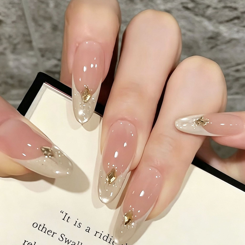 【Diamond-Inlaid Gold Plated】New Handmade Wearable Nails, Sugar French Style, Light Luxury, High-End Handmade Nails