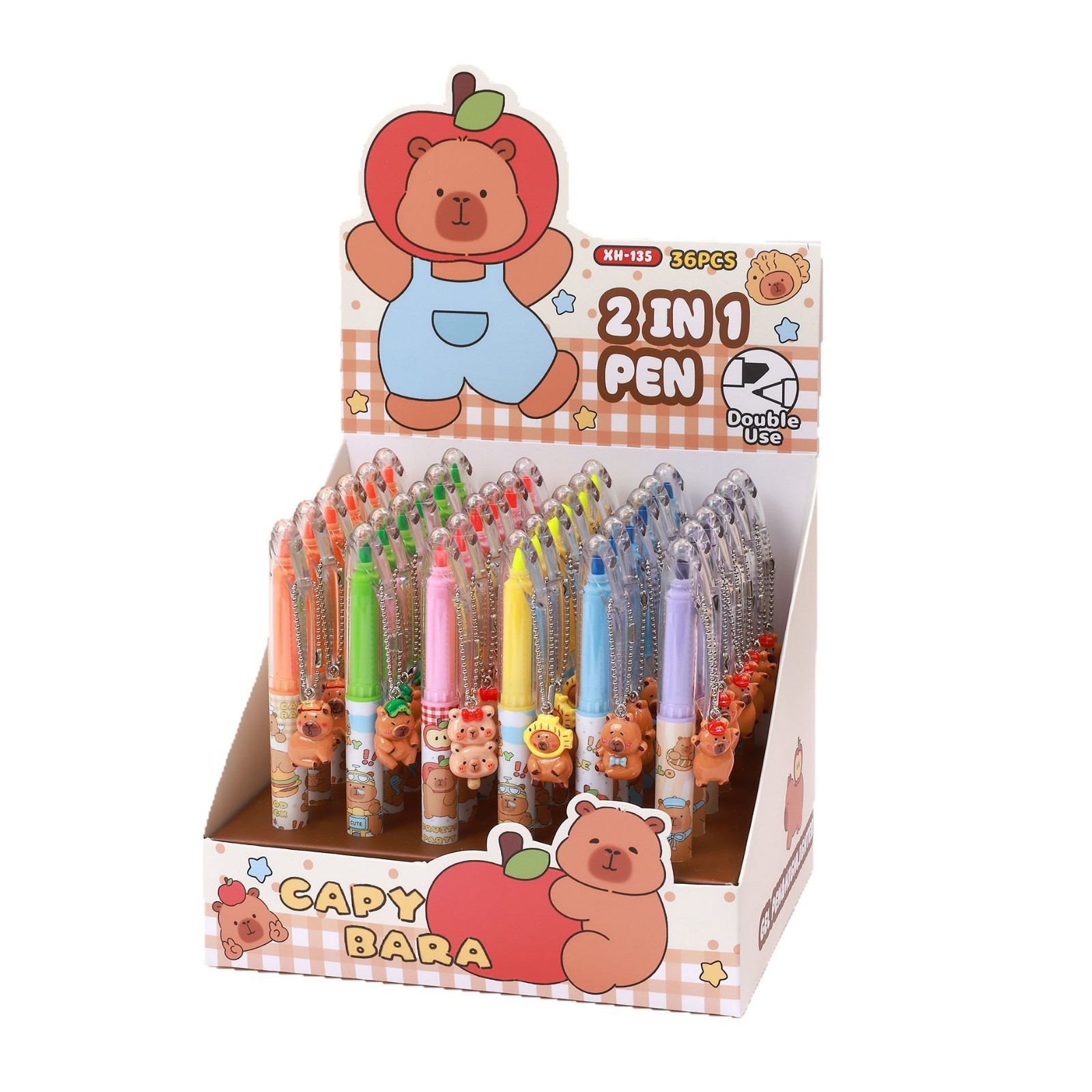 Kapibala Gel de dos cabezas Resaltador Colgante de dibujos animados de seis colores Pluma negra Bolígrafo de notas de dibujos animados Papelería para estudiantes de primaria