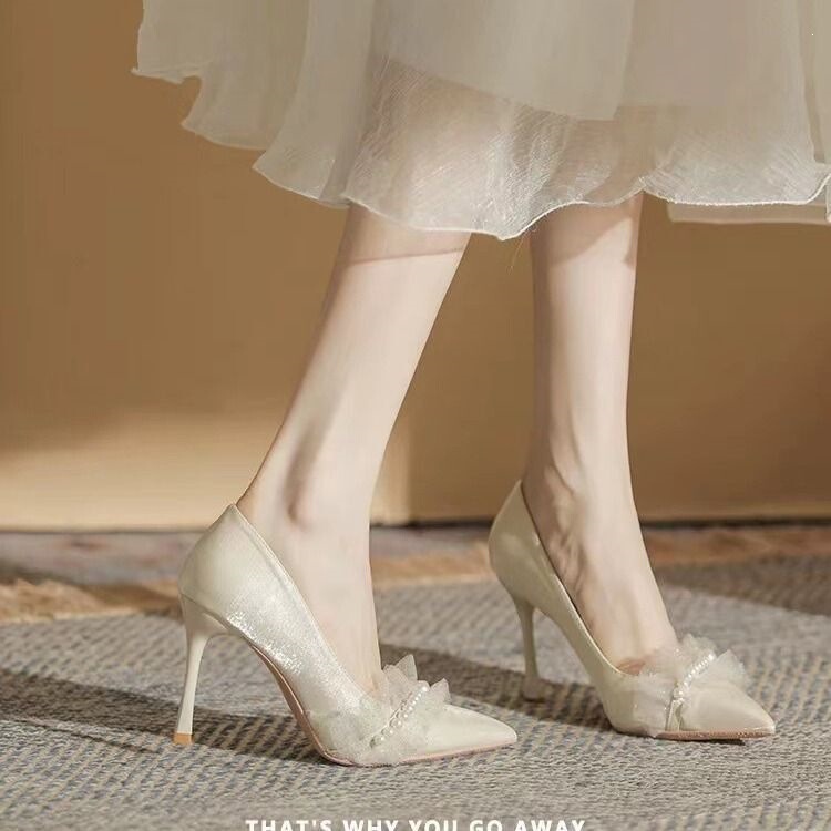 Pointed-Toe Single Shoes for Women 2025 Summer New Style High-Value Versatile Pearl French Lace Bridesmaid Shoes with Thin Heels and High Heels
