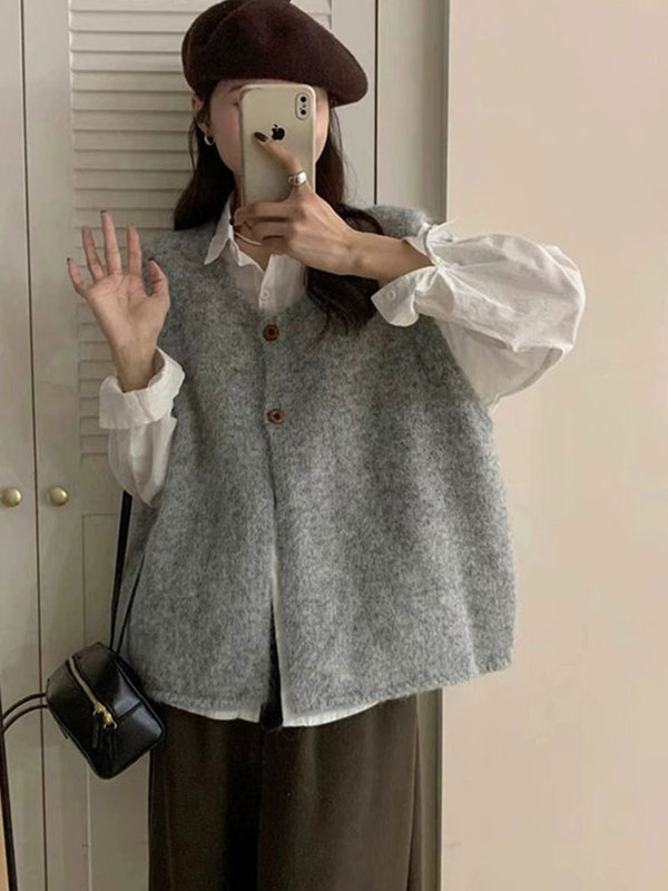 2025新款韩版两粒扣无袖针织马甲女宽松显瘦休闲简约百搭叠穿上衣|undefined