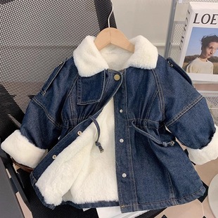 Girls' Denim Parka Fleece-Lined Jacket Autumn and Winter 2024 New Style Kidsren's Style Baby Thickeneded and Warm Winter