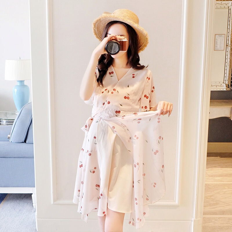 Maternity Chiffon Dress Mid-Length Trendy Mom Sweet Maternity Wear Trendy 2022 Summer Korean Style Women's Maternity Dress Summer