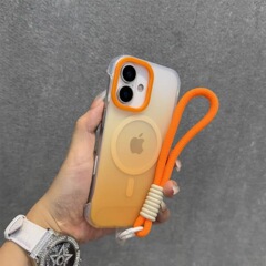 无边框渐变色适用苹果16promax磁吸手机壳iPhone15肤感磨砂带手绳