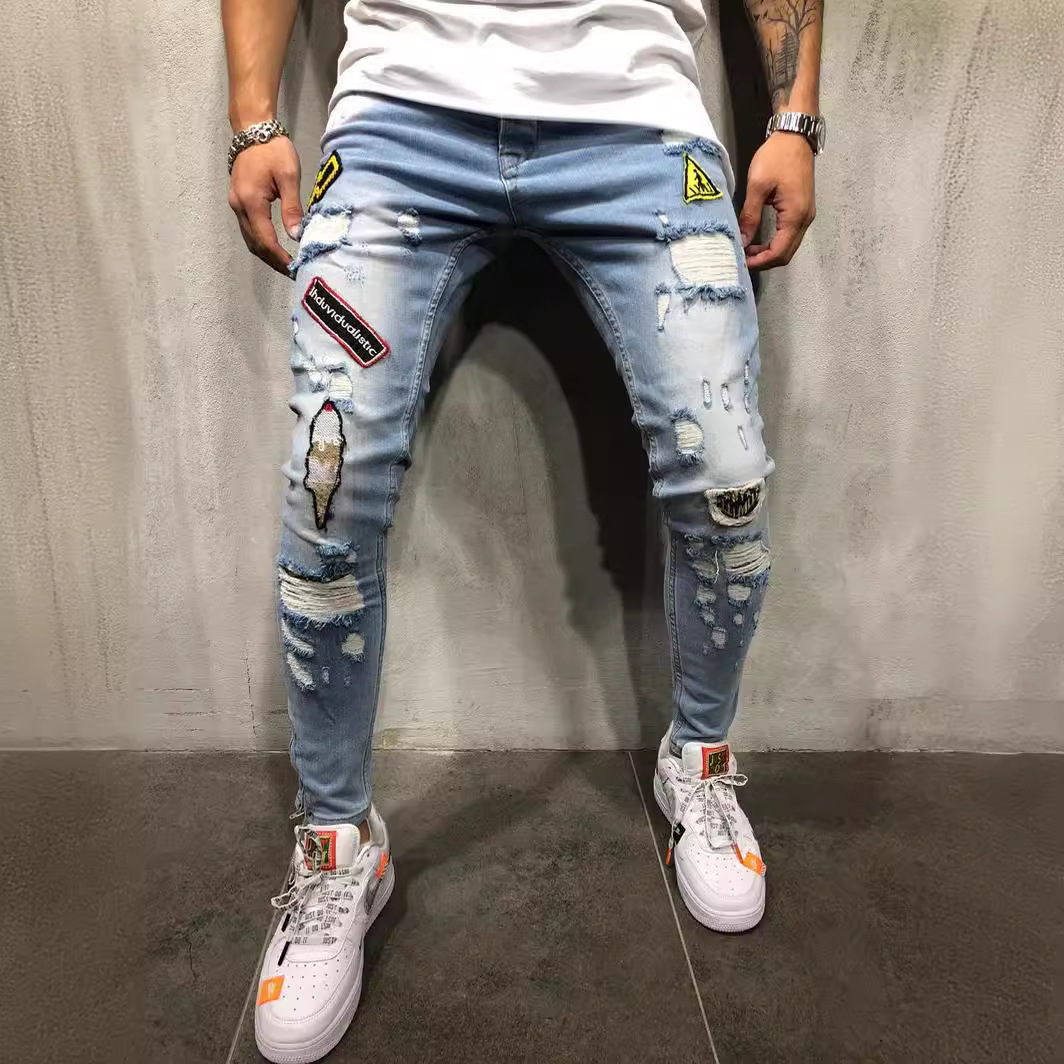 Men's Clothing hot men's hip hop high end tight fit ripped foot pants new men's badge slim fit jeans_voghion.com