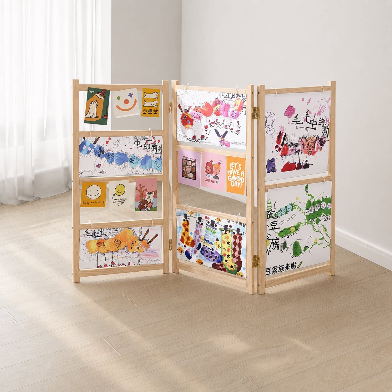 Kindergarten environmental decoration hand-painted wooden storage screen rack, solid wood foldable children's art display stand