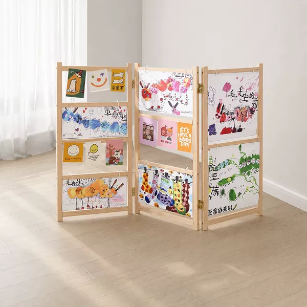 Kindergarten environmental decoration hand-painted wooden storage screen rack, solid wood foldable children's art display stand