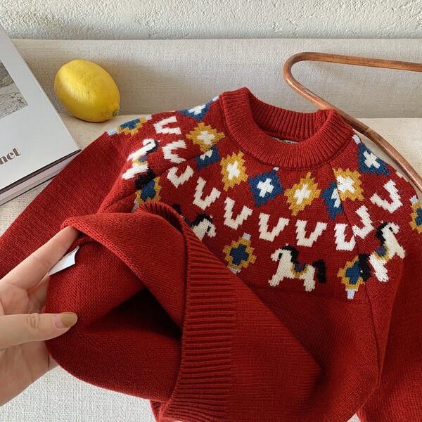Children's festive cartoon knitted red sweater for men and women