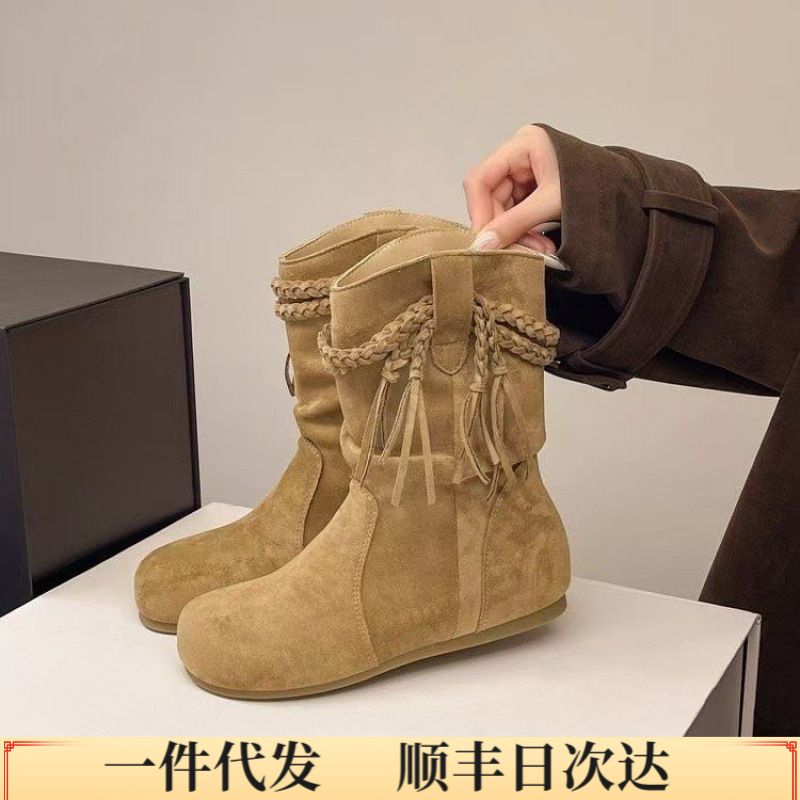 大码女鞋41到43复古流苏内增高马丁靴女秋冬时尚堆堆靴勃肯短靴子|undefined