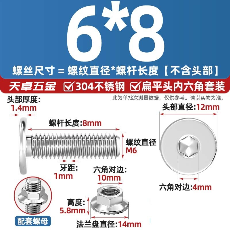 304不锈钢CM大平头超薄头C头扁平头内六角螺丝钉法兰边螺母套装M5|undefined
