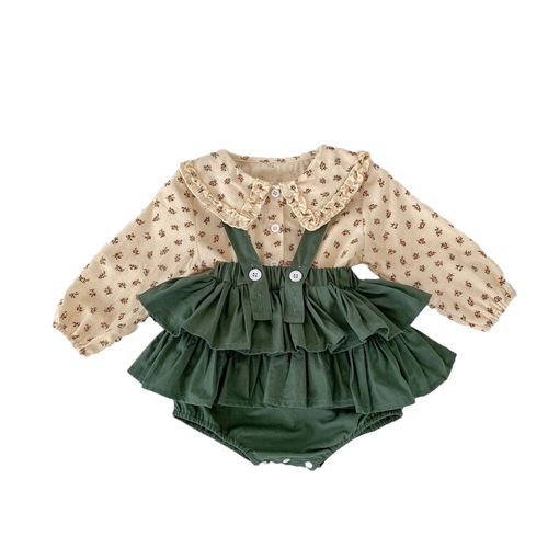  Autumn Clothes for Infants and Children 0-3 Years Old Baby Girl Green Suspenders + Floral Long Sleeve Fungus Collar 2-piece Set