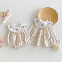 女童条纹连衣裙2025新款夏季宝宝韩版刺绣帆船裙子婴儿洋气包屁衣