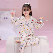 2025韩版儿童睡衣长袖春秋泡泡棉绉布翻领宝宝卡通女孩家居服套装