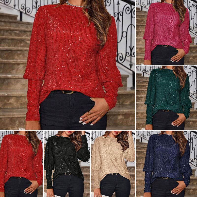 2025 European and American Amazon Commuter Style Loose Long-Sleeved Sequined Round-Neck Shirt Top T-Shirt for Women with Elegant Commuter Style 2025 European and American Amazon Commuter Style Loose Long-Sleeved Sequined Round-Neck Shirt Top T-Shirt for Women with Elegant Commuter Style