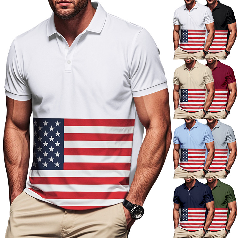 Europa y los Estados Unidos Amazon Hot Sale hombre botón de color coincidente camisa de polo de verano impresa con bandera nacional