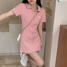 纯欲风韩系Polo领连衣裙女装夏季新款设计感收腰a字T恤裙短裙外贸