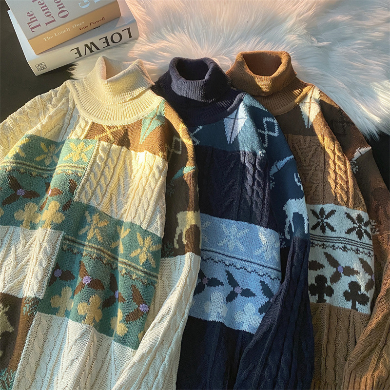 Turtleneck sweater men's retro artistic design sense niche couple Christmas couple wool warm sweater spring and autumn