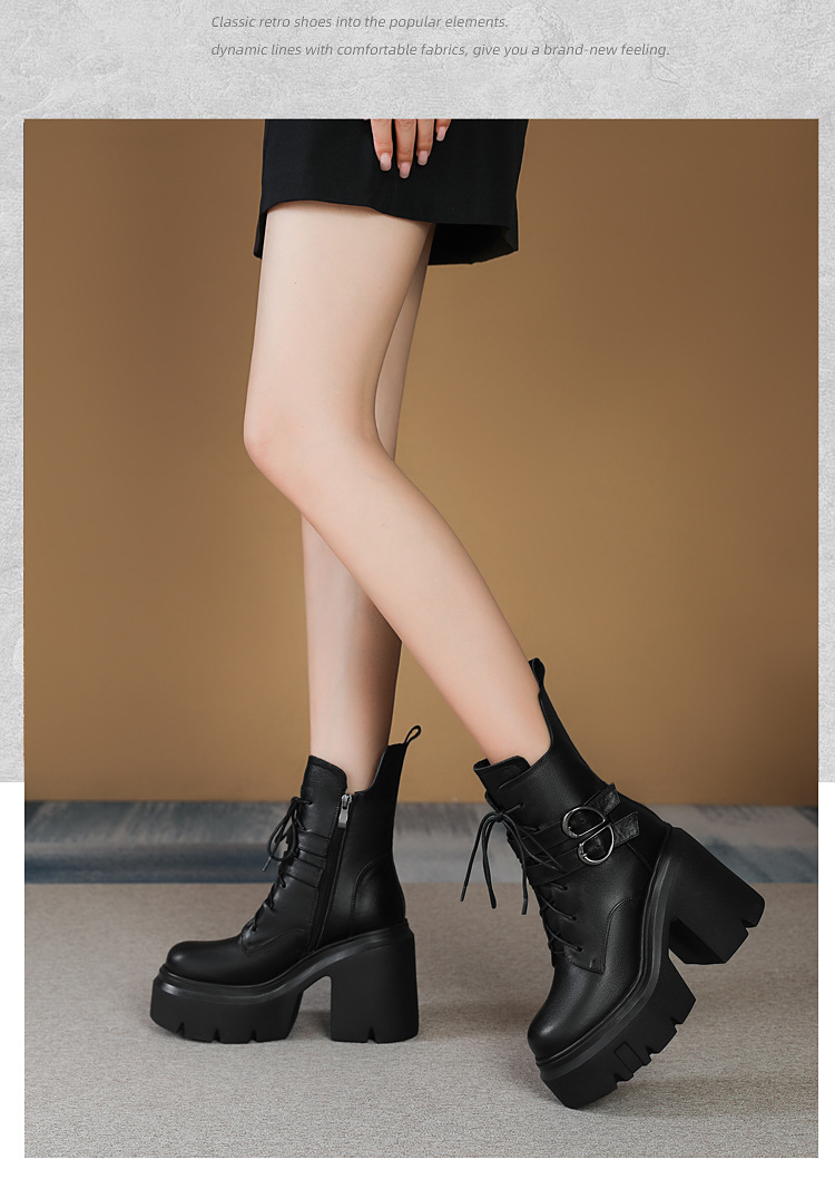 Boot nữ cổ thấp da thật phong cách Anh quốc, gót vuông 12 cm, khóa dây kéo — Lót nhung đen chi tiết 7