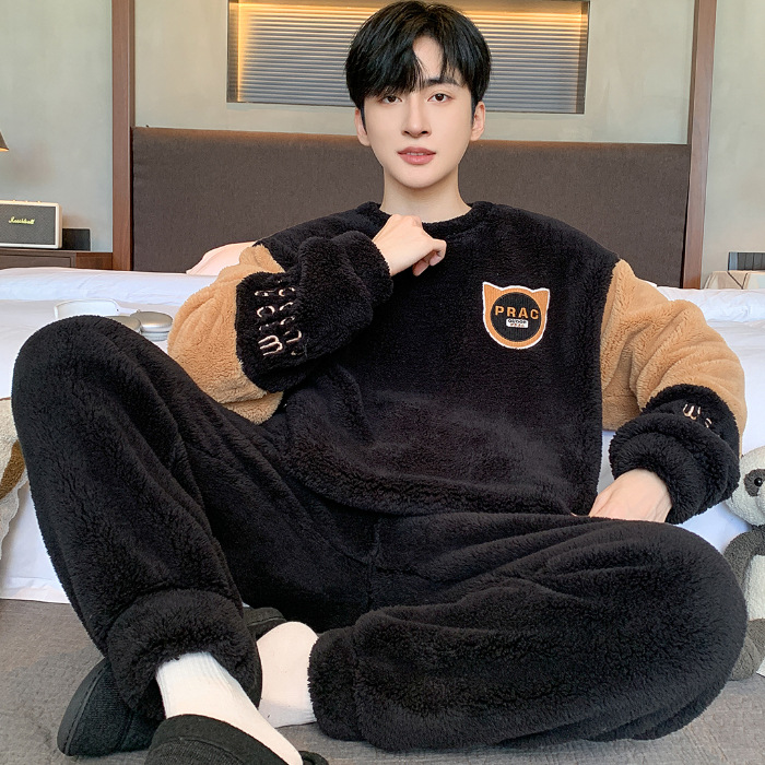 Pijamas de peluche de invierno para hombres guapo simple dibujos animados panda de peluche grueso ropa de casa de dos piezas