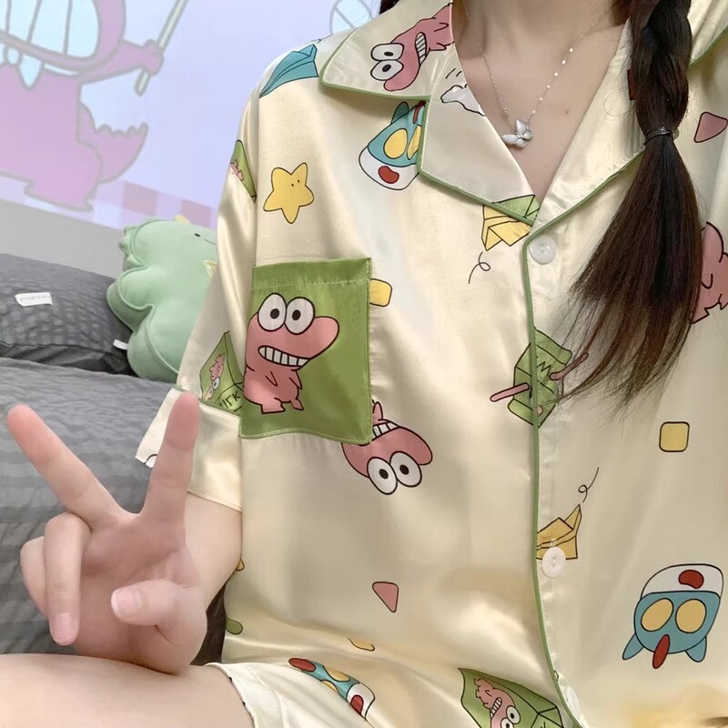 Crayon Shin-Chan Mr. Crocodile Ice Silk Pajamas Women's Summer Short-Sleeved Cute Cartoon Student Summer Home Clothes Set